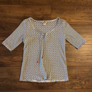 Lucky Brand Womens Top Size M Striped V-Neck Drawstring Short Sleeve